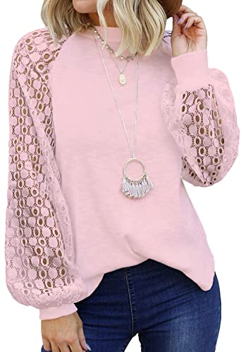 Image of Shasmi Women's White Ballon Long Sleeve, Crew Neck Tops Lace Casual Loose Blouses T Shirts (Shree Top 29)