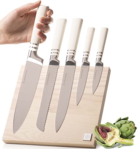 White Knife Set With Magnetic Knife Holder Stand - 6 Pc White Magnetic Knife Set Includes White Handle Knife Set With Ashwood Magnetic Knife Block - White Kitchen Accessories, White Kitchen Décor #TOP15