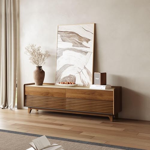 Image of POVISON Fully-Assembled Mid Century Glossy Sintered Stone Tabletop TV Stand with Legs,Wood Media Console with Adjustable LED Light,Entertainment Center with Storage for Living Room