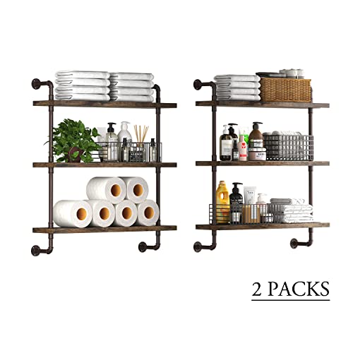 Image of Industrial Pipe Shelf Wall Mounted, Rustic Wood Floating Shelves, 3 Tier Wall Display Bookshelf, Storage Rack Sundries Holder for Kitchen Office Bathroom Organization and Home Decor (24inch x 2)