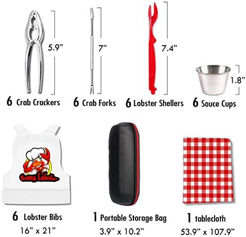 Artcome 32 Pcs Seafood Tools Set Nut Cracker Set includes 6 Crab Crackers, 6 Crab Forks/Picks, 6 Lobster Shellers, 6 Sauce Cups, 6 Lobster Bibs 1 Portable Storage Bag and 1 Plastic Tablecloth