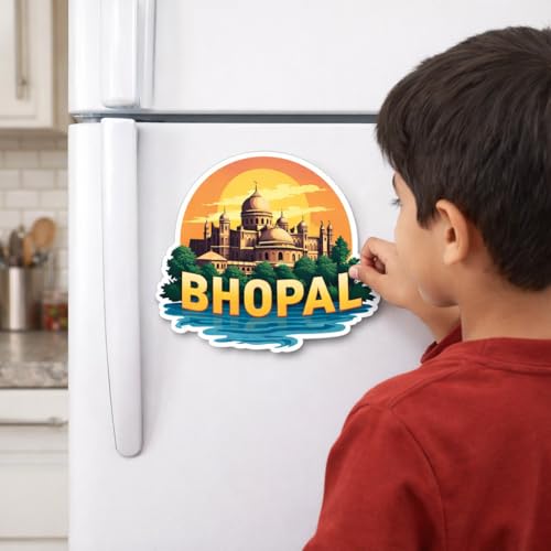 Image of Naxon Bhopal City of Lakes Souvenir Wooden Fridge Magnet | Upper Lake, Taj-ul-Masajid Landmark Design 3x3 Inch Refrigerator Magnet for Kitchen & Home Decor | Travel Gift from Bhopal MP | Pack of 1