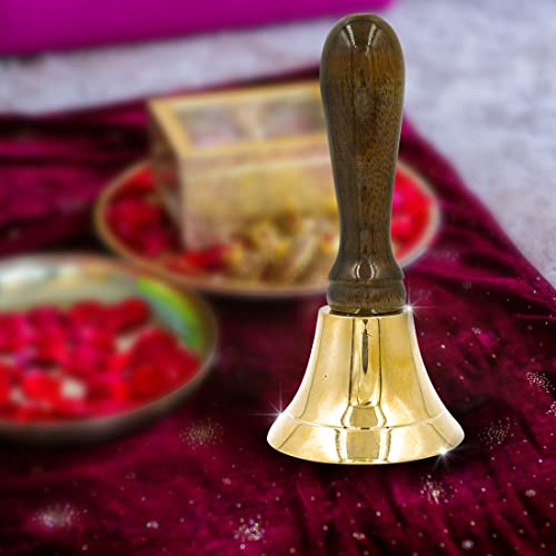 Image of Shubhkart Nitya Brass Wooden Puja Bell | Pooja Bell Brass Ghanti for Puja Arti Prayer | Essentials for Home Mandir | Traditional Items | Religious Bell - 4.9 Inch, 100g