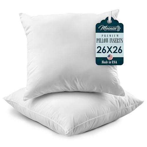 Mocassi Premium Ultra Soft Throw Pillow Inserts Pack of 2 Soft Poly-Cotton Cover with Siliconized Fiber Fill - Set of 2 Fluffy Cozy Sofa Bed Couch Decorative 26x26 Inches White Cushion Inserts