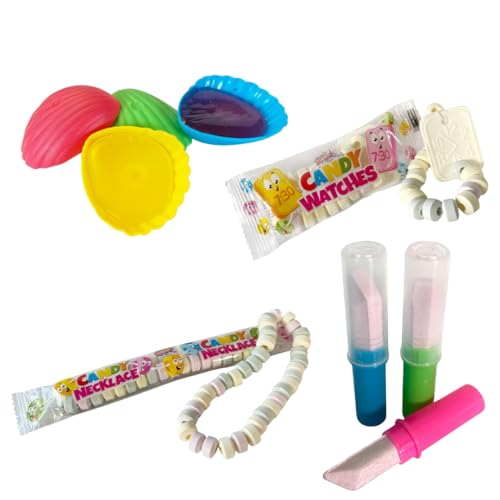 Retro Süßigkeiten Mix 40-teilig: Schleckmuscheln (10x) Süße Ketten (10x) Süße Uhren (10x) & Lutsch-Lippenstifte (10x) | Nostalgie Candy-Klassiker für Kindergeburtstage Goodie Bags & 90er-Partys