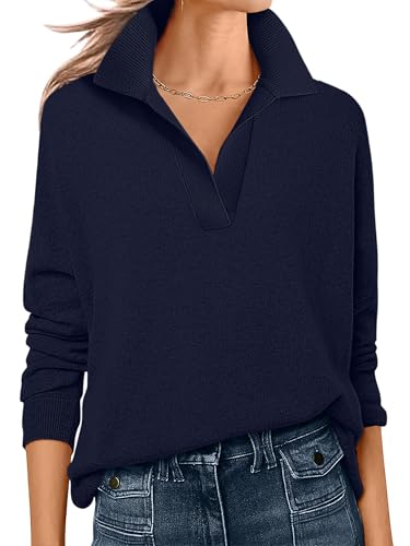 ANRABESS Women Polo V Neck Lightweight Fall Sweaters Navy Blue