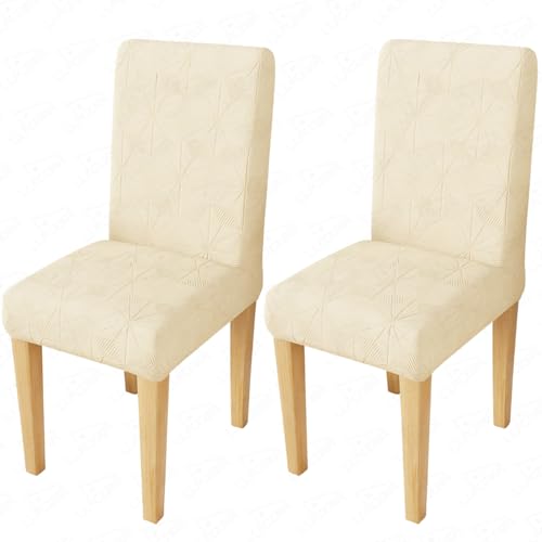Image of Lukzer Elastic Dining Chair Cover - 2PC Pastel Yellow Starlight | Textured High Stretch Jacquard Seat Cover | Removable Washable Short Dining Chair Cover Protector Seat Slipcover | (CC-141-02)