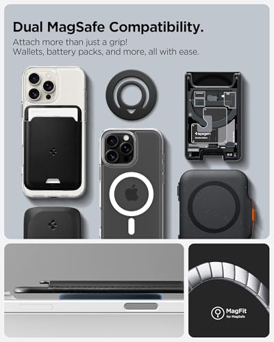 Image of Spigen Dual Pop Magsafe Ring Holder, Double Sided Magnet with Finger Loop Grip Compatible with iPhone 17 /16 /15 /14 /13 /12 Models, Pixel 10 Series [Soft Silicone Texture] [Strong Magnet] - Black
