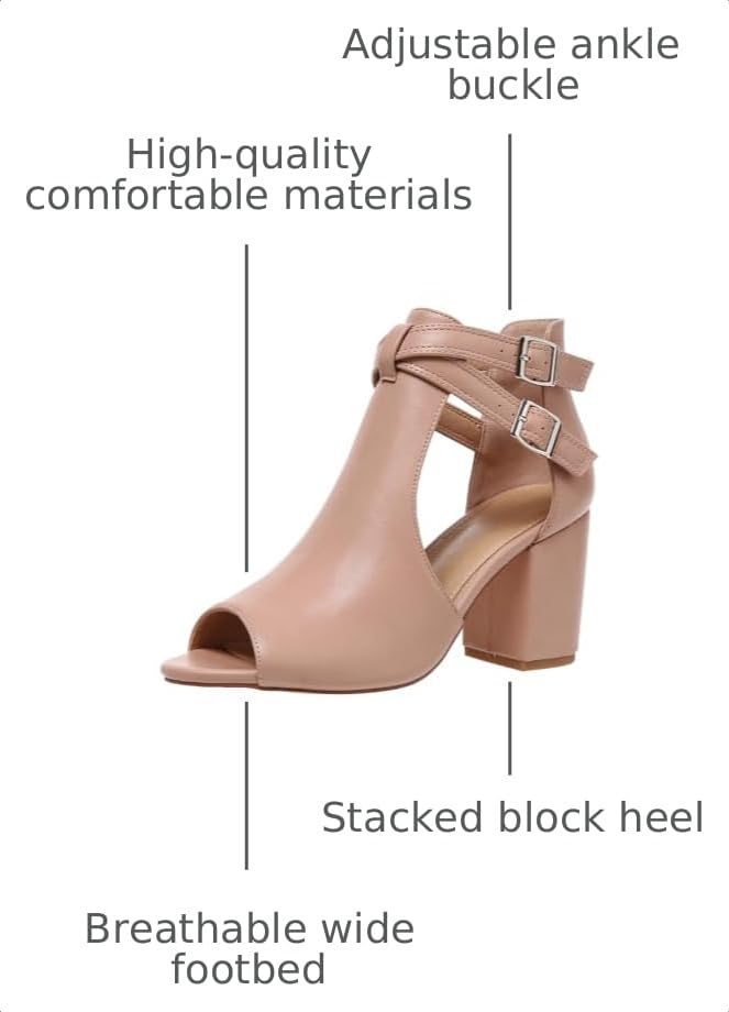 Image of Women's Peep Toe Sandals Side Cutout Chunky high Heel Adjustable Buckle | Summer booties, dressy, breathable, stacked, wide footbed, non-slip, ankle strap, all-day comfort, for parties, casual, work