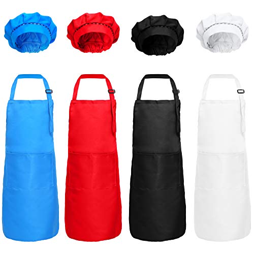Elcoho 8 Pieces Kids Apron and Chef Hat Set Cotton Adjustable Children's Kitchen Chef Hat with Apron for Cooking and Painting (Black, White, Red, Blue)