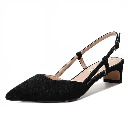 MODENCOCO Womens Buckle Dress Dating Fashion Suede Slingback Pointed Toe Chunky Low Heel Pumps Shoes 1.5 Inch
