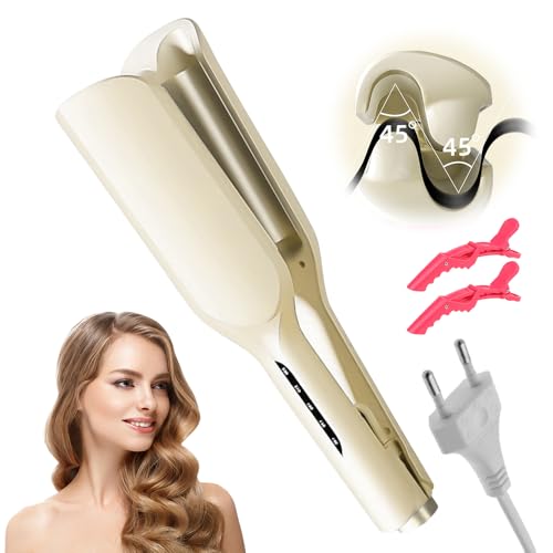 Rizador Pelo Ondas de 2 Barriles, 32mm Rizador de Pelo con 5 Temperaturas Ajustables Rizos Grandes Rizados de Rollos de Huevo Rizados Peli Ondulador de Peli Ondulador de Pelo de Cerámica (Amarillo)