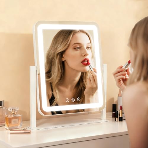 Image of ROLOVE Vanity Mirror with Lights 14.6x13 Inch, Smart Touch Control, 3 Color Lighting Modes, Table Top Mirror with Stand for Bedroom