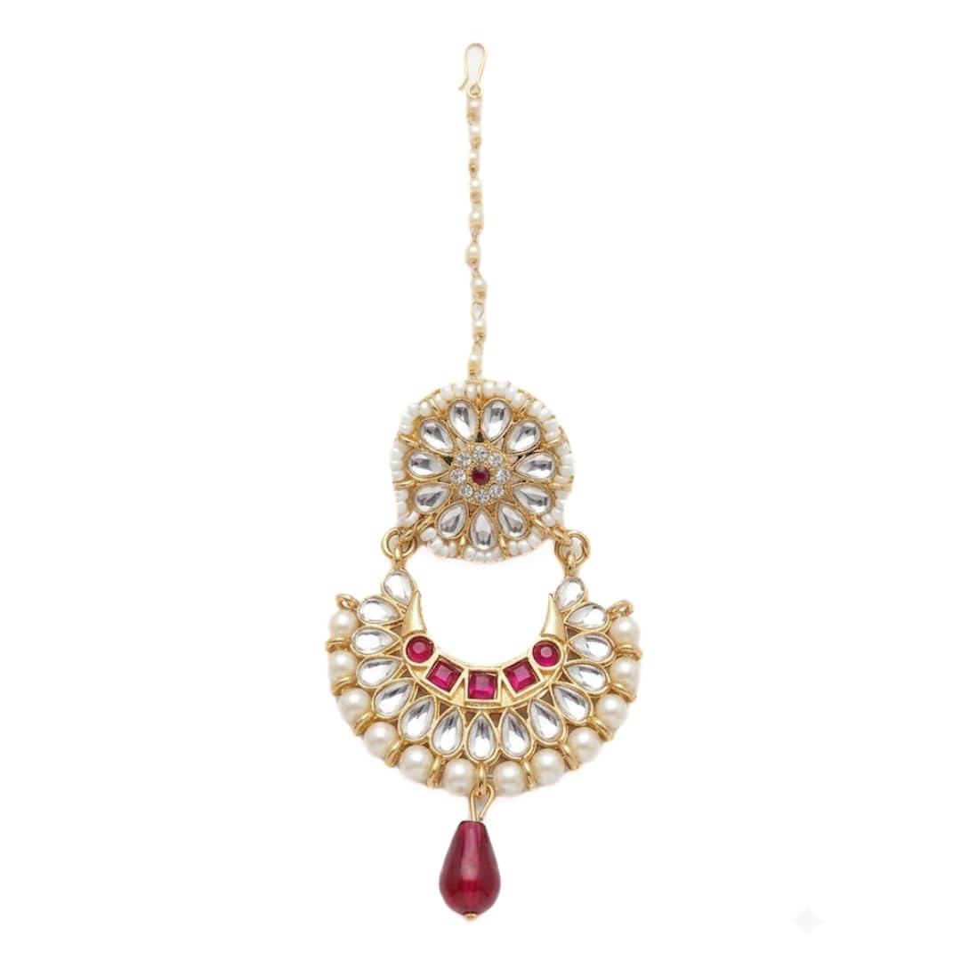 18k Gold Plated Traditional Kundan Maang Tikka for Women – Gold Plated Pearl & Red Stone Bridal Matha Patti, Ethnic Wedding Head Jewelry-image-24