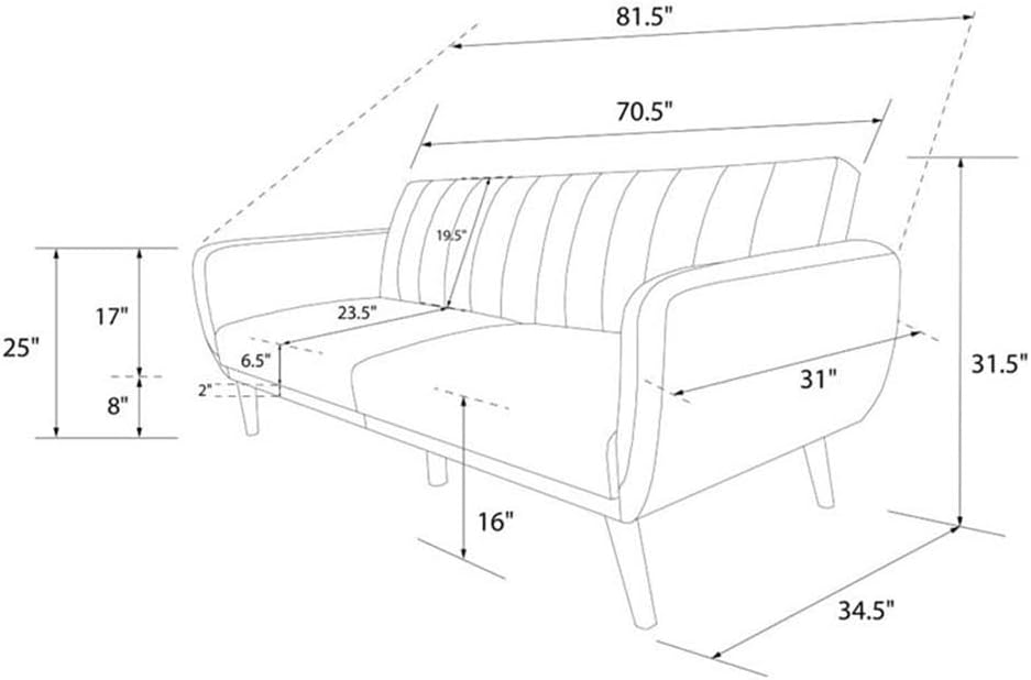 Pemberly Row Contemporary Linen Sleeper Sofa, Green Finish, 81.5" W x 34.5" D x 31.5" H, Ribbed Tufted Cushioned Back, Oak-Colored Wooden Legs, Sturdy Wood Frame, Elegant Living Room Furniture