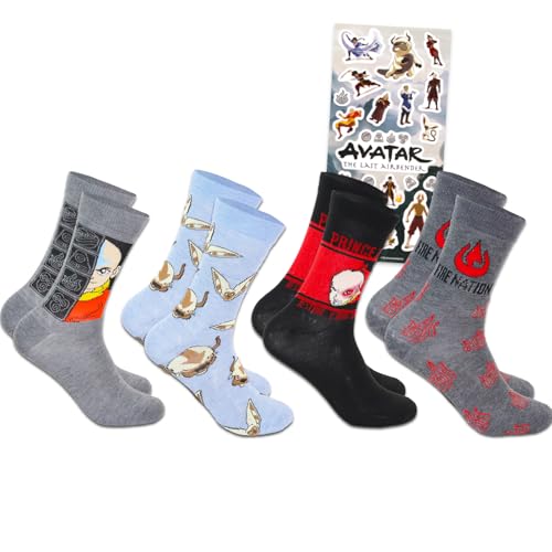 Avatar the Last Airbender Socks for Teens - 4 Pairs Crew Socks for Men Shoe Size 8-12 Plus Stickers | Gift Set for Men, Boys