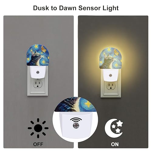 Image of Cat and Butterfly Night Light for Kids, Starry Night Oil Painting Plug in Night Light with Dusk to Dawn Sensor, 0.5w Energy Saving Nightlight for Hallway Stairway Kitchen Bedroom