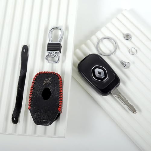 Image of Leather Smart Car Key Cover Case with Metal Hook Keychain for Reanualt Triber, New Kwid, New Duster(Black)