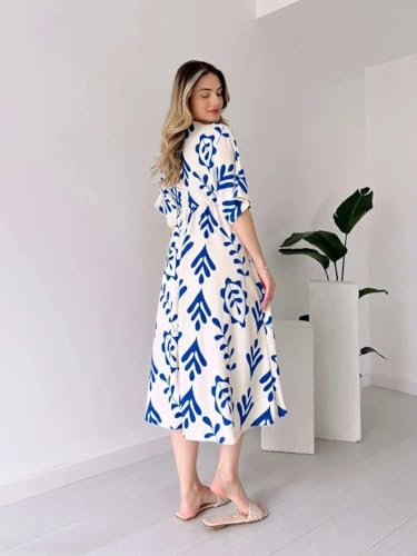 Image of Women's Summer Midi Dress - Floral Print V-Neck Casual Loose Fit Beach Dress with Short Sleeves and Elastic Waist 100% Cotton, Black and White