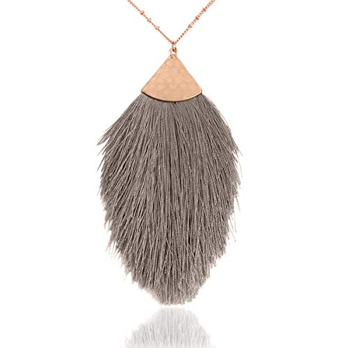 RIAH FASHION Bohemian Fringe Tassel Pendant Statement Necklace - Silky Strand Thread Marquise Feather Leaf Fan Charm Vintage Antique Gold Long Chain (Petal Tassel - Dark Gray)