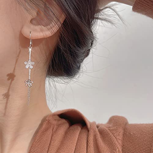 SLUYNZ Sterling Silver CZ Flower Dangle Earrings Chain for Women Teens Flower Drop Earrings Wedding Tassel3