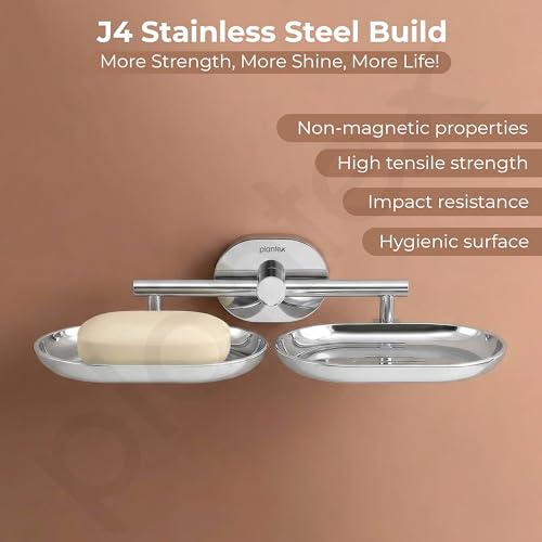Image of Plantex J4 Stainless Steel Double Soap Dish for Bathroom /Soap Holder for Bathroom /Wall Mounted Soap Holder /Bathroom Accessories (Chrome Finish) Onix