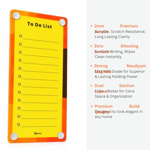 Image of Magnetic Planner Board for Fridge - to Do List | 24x10 cm | Acrylic Writing Board for Kitchen Fridge, Notepad | Reusable Shopping List Board, Checklist with Pen | Orange