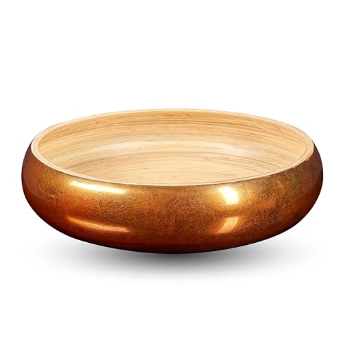 LEXA 12' Handmade Copper Bamboo Wooden Fruit Bowl for Kitchen Counter - 130 oz Lightweight Large Bamboo Wood Salad Bowl