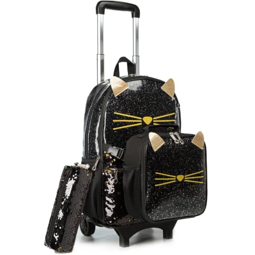 Egchescebo Cat School Bags Kids Rolling Backpack for Girls Luggage Kids Suitcase With Wheels Trolley Wheeled Backpacks Travel Bags 3PCS Lunch Box Pencil Case Backpacks for Girl‘s Black