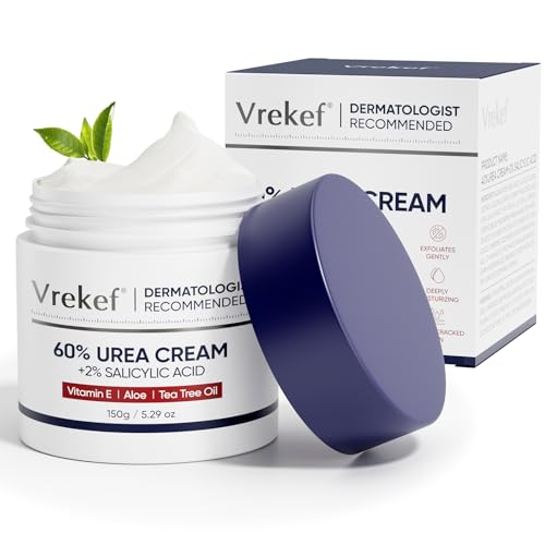 VREKEF Urea Cream 60% with 2% Salicylic Acid Urea Cream 60 Percent for Feet Maximum Strength Foot Cream & Callus Remover for Dry Cracked Heels Rough Thick Skin Deep Hydration 5.29 oz