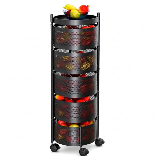 Image of Homeor 5 Layer Kitchen Trolley with Wheels | 360 Rotating Metal Storage Rack for Vegetables, Fruits, Onion & Spices | Square Multipurpose Kitchen Organizer Stand | Metal Kitchen Trolley, Matte Black