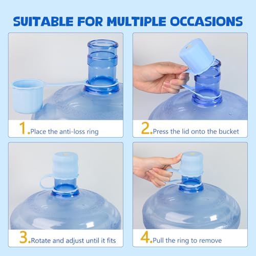 3 Packs Silicone 5 Gallon Water Jug Cap, 2/3/4/5Gal Reusable Bottle Lids, Leak-Proof Replacement Caps with Anti-Loss Rope for 55mm & 60mm Bottle Tops, Dishwasher Safe (Light Blue) - 4