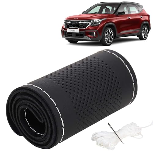 Image of KINGSWAY PU Leatherite Car Steering Cover Sewable Compatible with Kia Seltos (Year 2023 Onwards), Black Color with Silver Thread, Pack of 1 with Sewing Needle and Thread