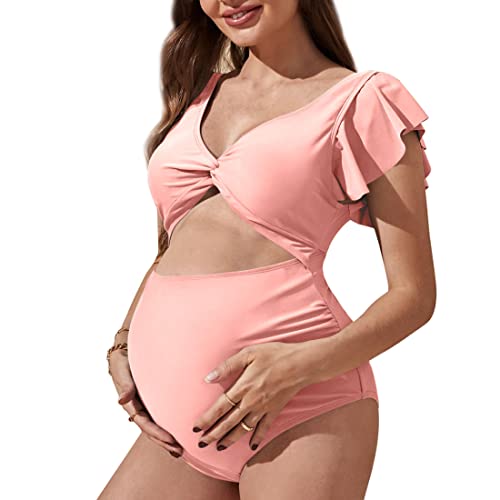 Harssidanzar Traje de baño para mujeres embarazadas,traje de baño de verano de cintura alta Corte esponjoso KL301EU,Rosa,Talla M