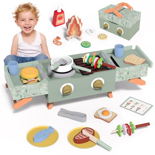 Wooden Kids Grill Playset, Barbecue Kitc…