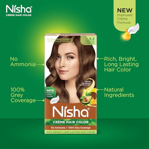 Image of Nisha Creme Hair Color, Permanent Hair Colour Golden Brown, Silky & Shiny 100% Grey Coverage & Ammonia Free Color With Natural Henna Extract, 60G+60Ml