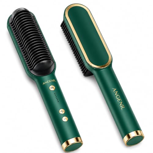 Image of 2in1 Ceramic Hair Straightening Brush, Hair Straightener for Woman, Electric Hair Brush Straightener Comb for Smooth, Silky Hair - Straightener Brush with 30s Heating, 5 Heat Settings (Green, Medium)