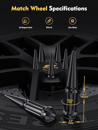 Image of MIKKUPPA 9 /16-18 Spike Lug Nuts, Black 32PCS Spiked 9 /16 Solid Acorn Nut | 4.4 inch Tall,With 1 Socket Key, Replacement for 1994-2010 Ram 2500 /3500, 1984-1997 F250 /F350, 1974-1988 J20