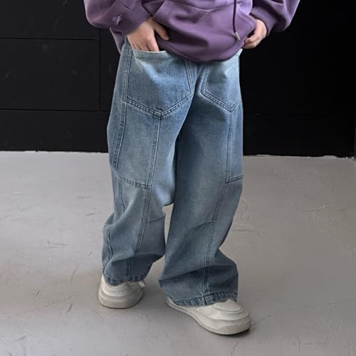 Boys Wide Leg Jeans Baggy Elastic Waist Patch Pockets Denim Pants Kids Soft Comfort Patchwork Pants Y2K Streetwear2