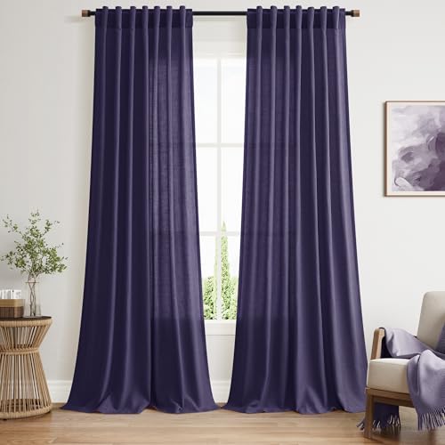 Image of Nanspring Purple Linen Blend Light Filtering Back Tab Curtains 96 Inches Long, Semi Sheer Privacy Drapes for Living Room & Bedroom, 52x96 inch, 2 Panels