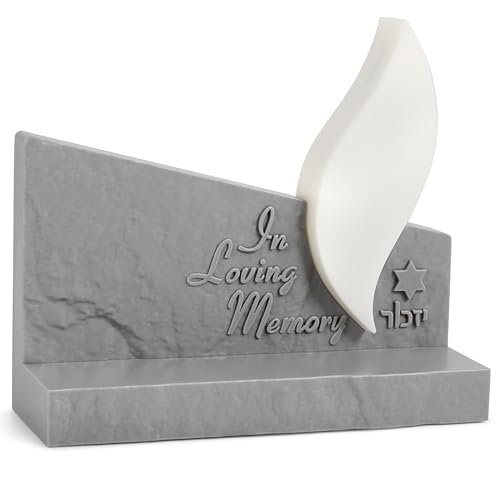 Image of Zion Judaica Eternal Flame Electric Yizkor Candle Memorial Tombstone Shaped LED Yahrzeit Candle Engraved In Loving Memory Yahrtzeit Light Flickering Flameless Memory Jewish Funeral Light