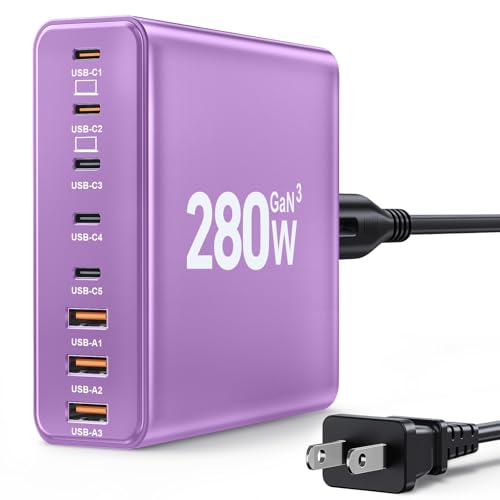 280W USB C Charger Block, 8-Port USB C Charging Station GaN III PD 65W Laptop Charger Adapter Compatible with MacBookPro/Air,DELL,iPad,Portable Charging Station for iPhone,Samsung Galaxy(Purple)