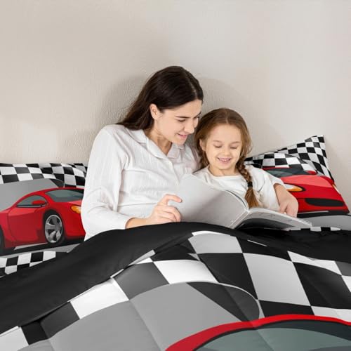 Image of Red Racing Car Comforter Set - Extreme Sports Theme Duvet Set - Black and White Grid Room Decor Quilt Set - Full Size