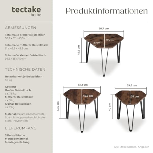 tectake® 3er Set Beistelltisch, sechseckiger Couchtisch in 3 Größen, Möbel für Sofa, Couch, Deko Wohnzimmer, als Blumenständer oder Schlafzimmer Nachttisch - Industrial Dunkelbraun – Bild 4