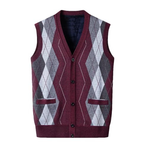 Fulbant Men Classic V-Neck Sweater Vests Argyle Sleeveless Cardigan Button Down Knit Vest M07 Wine Red Xxxl4