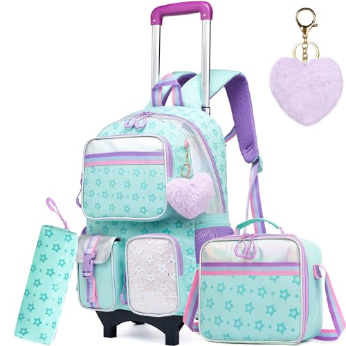 Backpack with Wheels for Girls Rolling Backpack with Lunch Box Pencil Case for Kids Carry On Suitcase with Wheels for Elementary Teens Girls