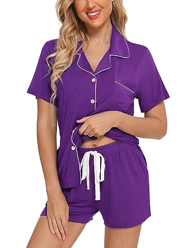Image of Anjue Womens Pajamas Set Short Sleeve Sleepwear Button Down Nightwear Shorts Soft Pj Sets S-XXL