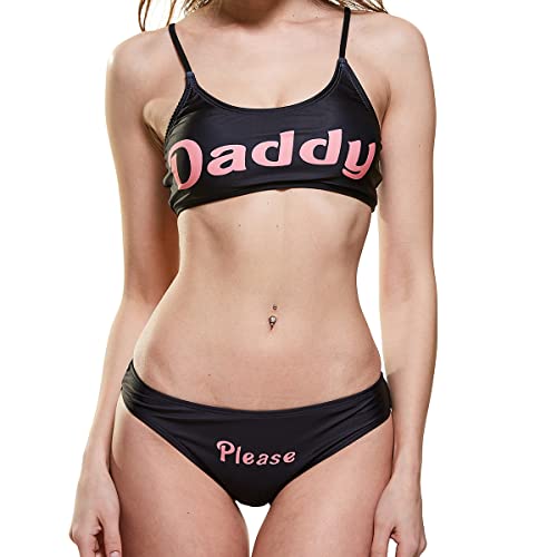 Conjunto de lencería sexy para mujer, ropa interior cachonda, camisetas sin mangas y panty, pijamas para dormir, traje de baño de bikini sí papi, 2 piezas, Negro, M
