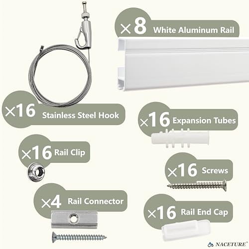Image of NACETURE 39.38 Ft Picture Hanging System, 8 x 60 Inch Wall Rails | Includes adjustable wires and hooks for frames, photos and wall decor.