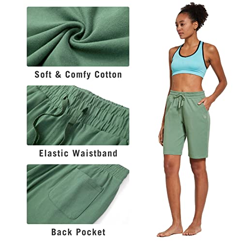 Baleaf Women's 10" Bermuda Shorts Long Cotton Casual Summer Knee Length Pull On Lounge Walking Exercise Shorts With Pockets Loden Frost Size Xl #TOP3